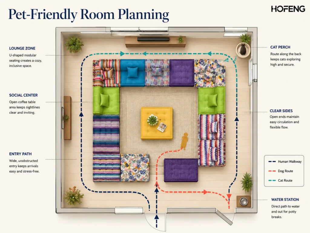 Pet Friendly Couches: A Practical Guide for Dog & Cat Owners Pet friendly living room layout showing modular sofa placement and pet traffic routes