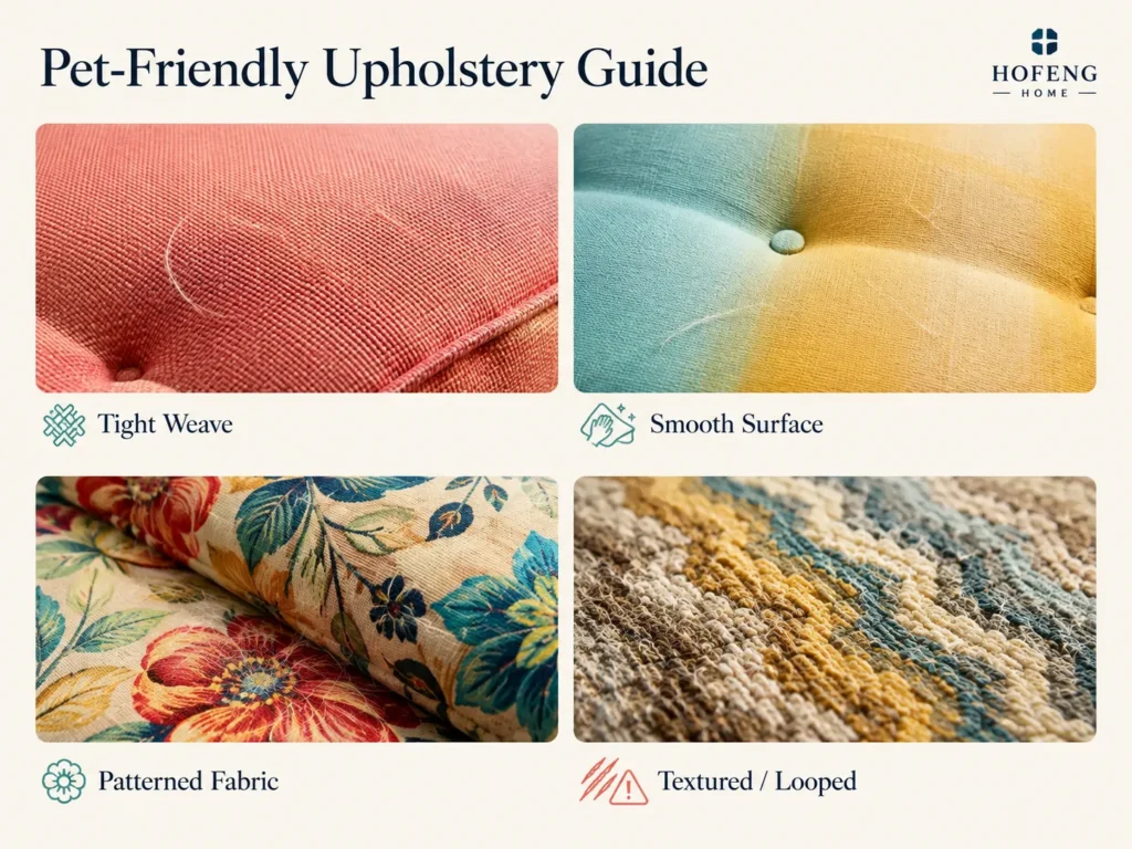 Pet Friendly Couches: A Practical Guide for Dog & Cat Owners Pet friendly sofa material comparison showing weave, texture, hair and claw considerations