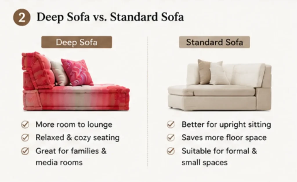 How to choose deep sofa seat depth based on sitting style, body size and back cushions
