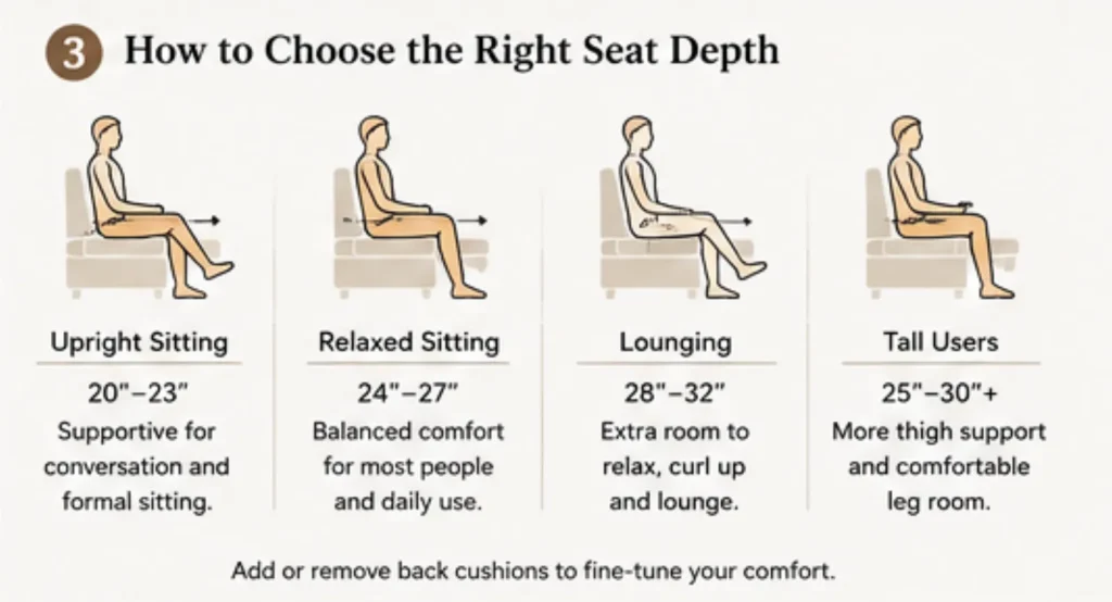How to choose deep sofa seat depth based on sitting style, body size and back cushions