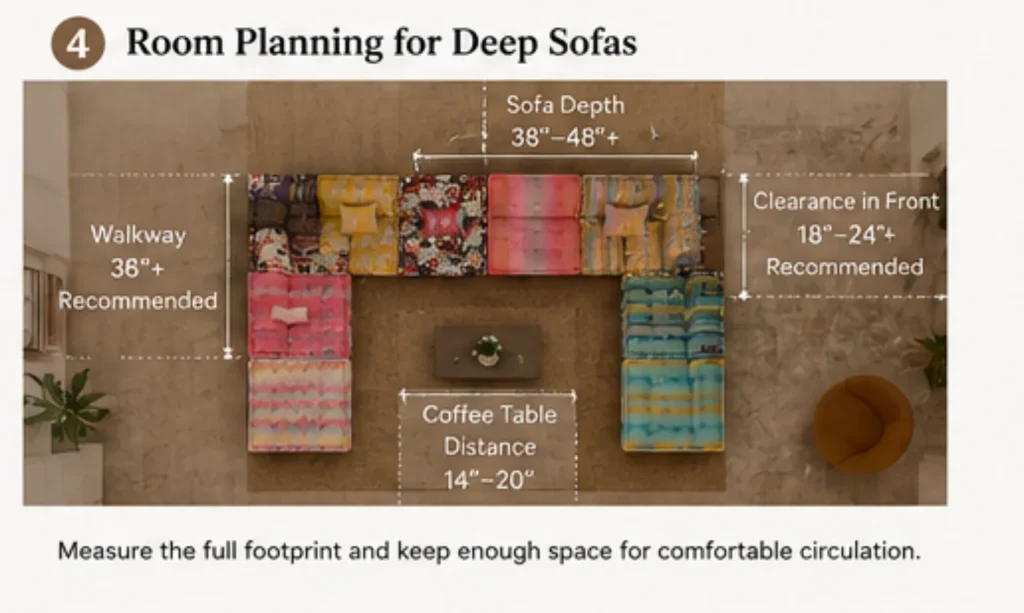 Deep sofa room layout showing furniture clearance, walkway space and coffee table placement