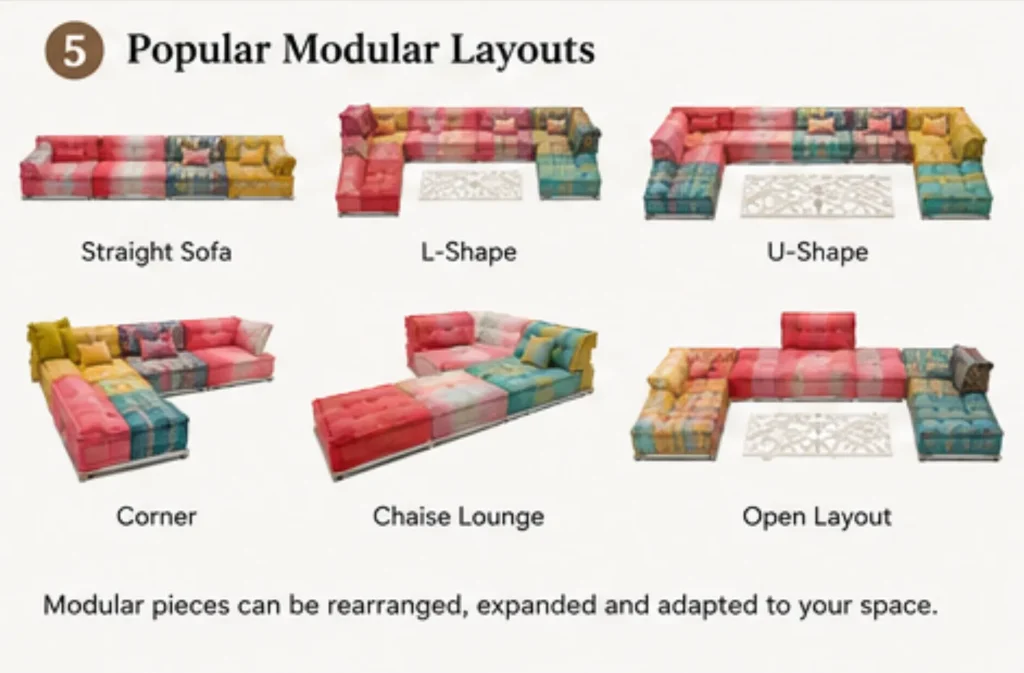 Modular deep sofa layouts including straight, L-shaped, corner, chaise and open configurations