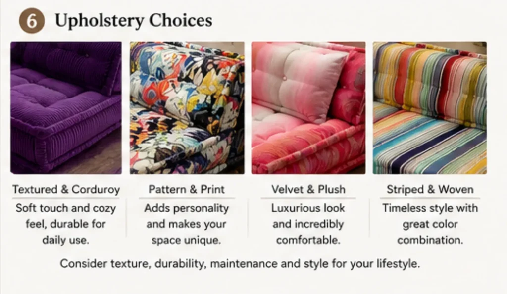 Deep sofa upholstery guide comparing fabric texture, weave, pattern and maintenance needs