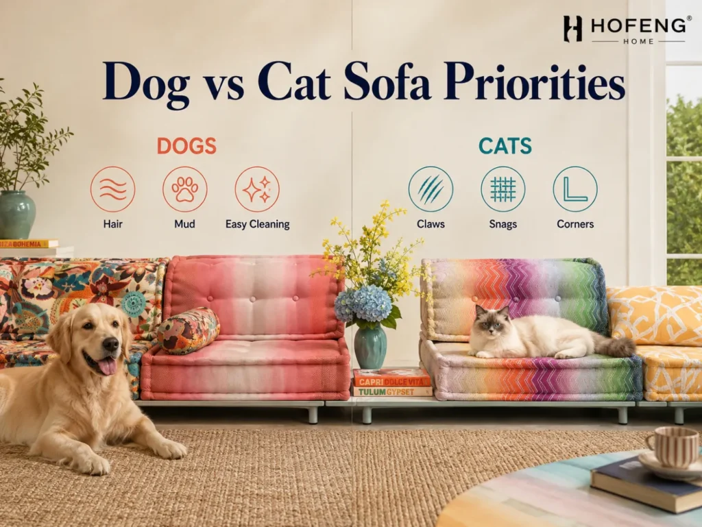 Pet Friendly Couches: A Practical Guide for Dog & Cat Owners Pet friendly sofa comparison showing different furniture priorities for dogs and cats