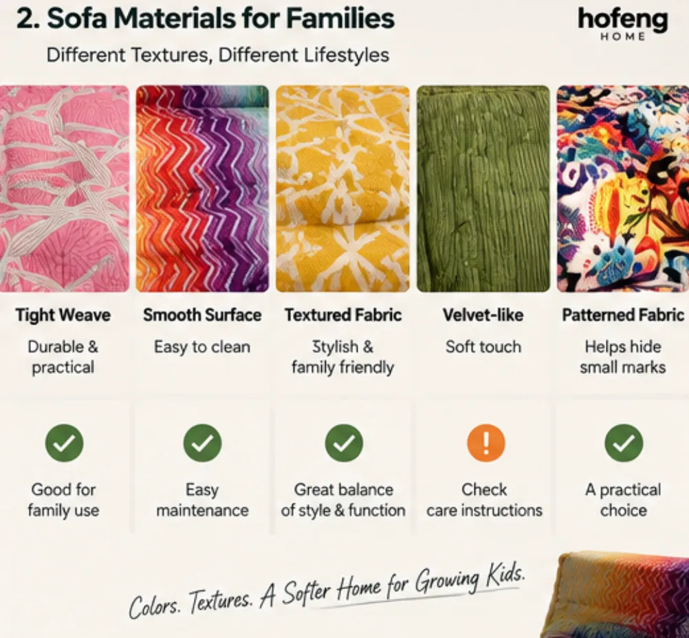 Kid friendly sofa material guide comparing weave, texture, patterns and cleaning needs