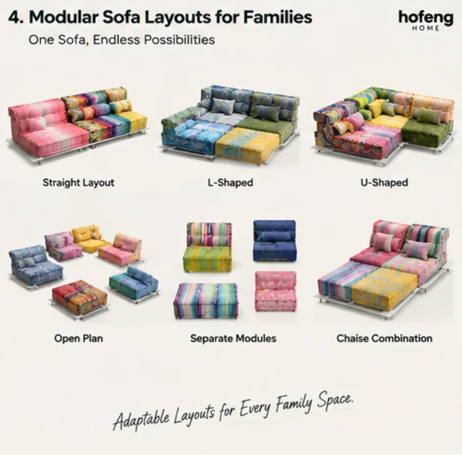 Kid friendly modular sofa layouts for straight, L-shaped, corner and open-plan rooms
