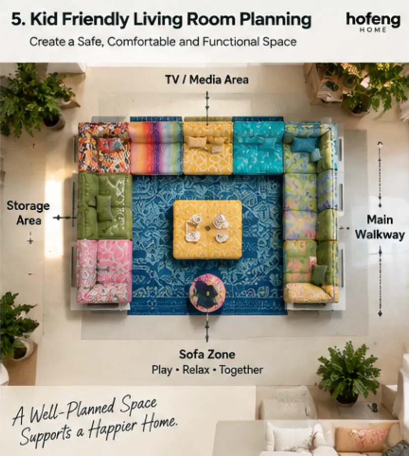 Kid friendly living room layout showing sofa placement, circulation and family activity zones