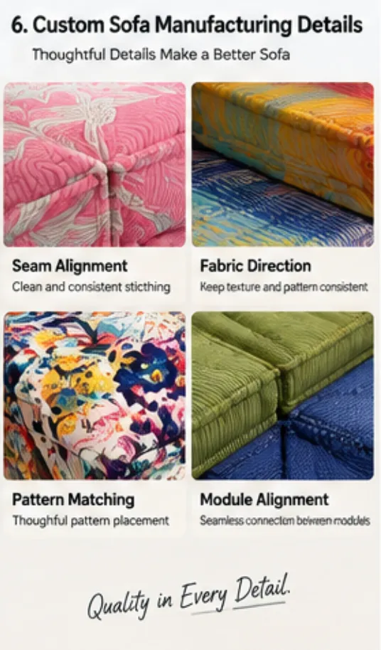 Custom sofa manufacturing details showing seams, fabric direction and module alignment