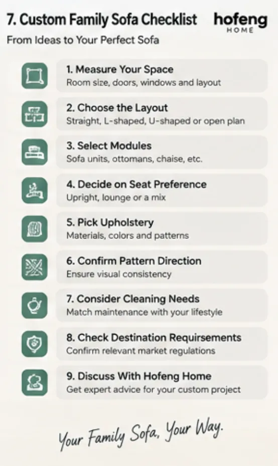 Custom family sofa specification checklist for layout, upholstery and modular configuration