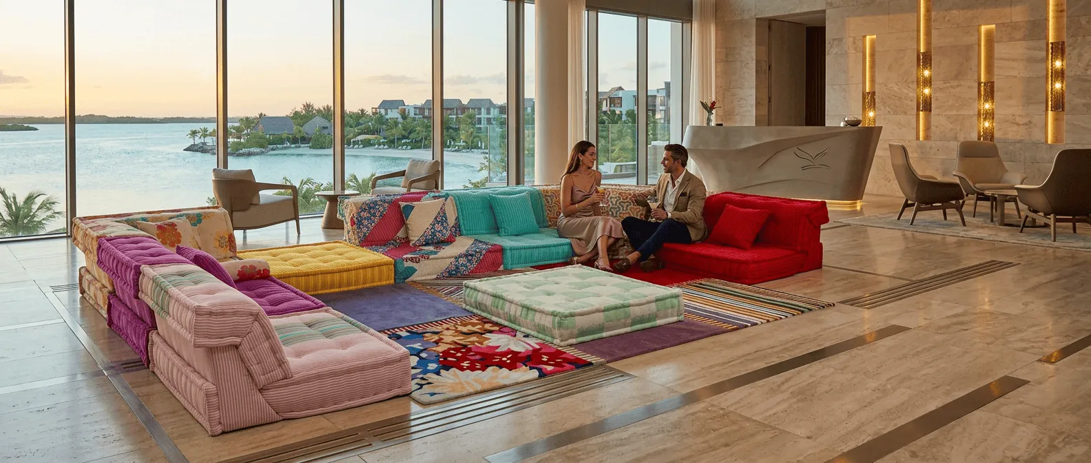 Luxury hotel atrium lounge seating environment