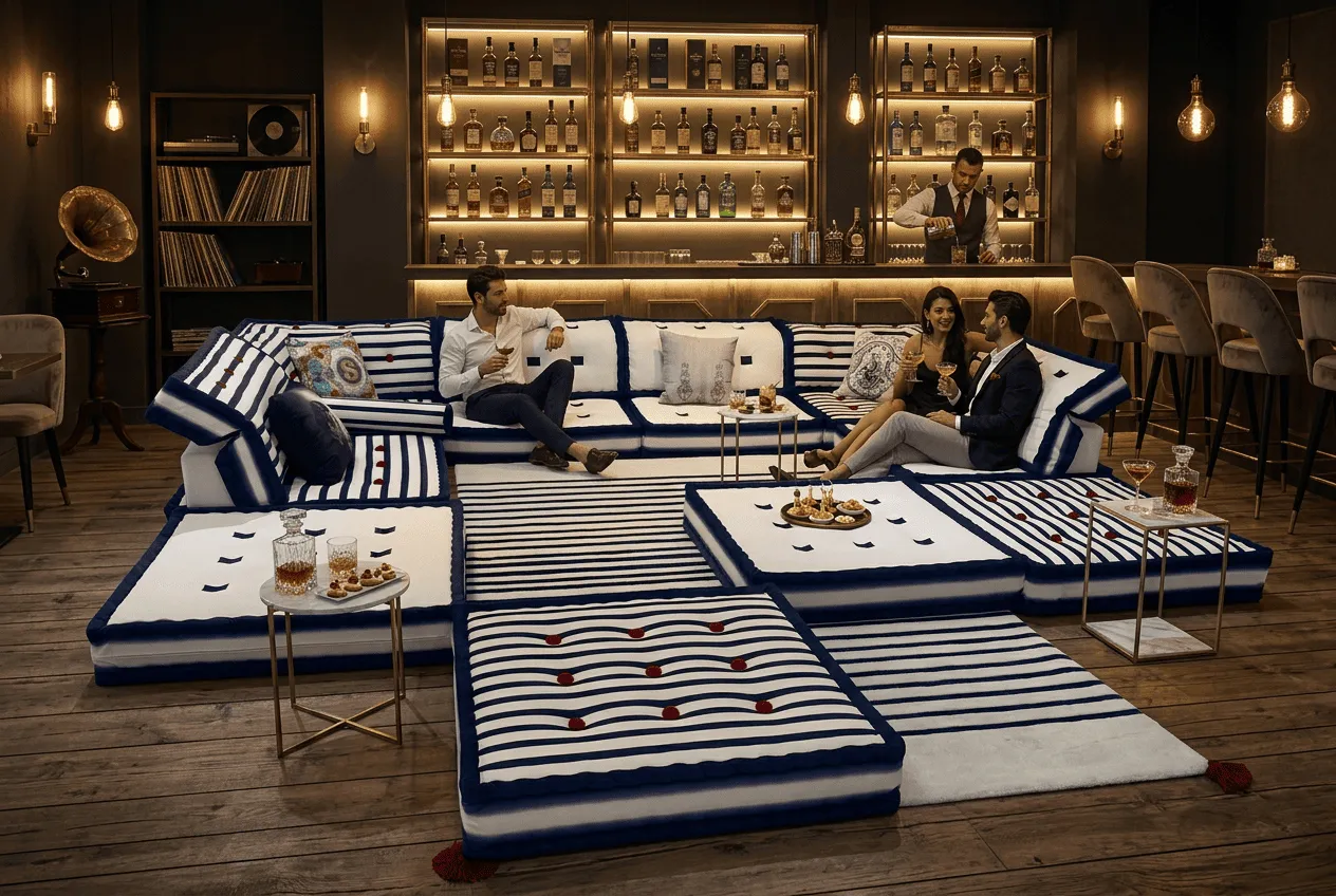 Low profile lounge layout for an executive bar lounge