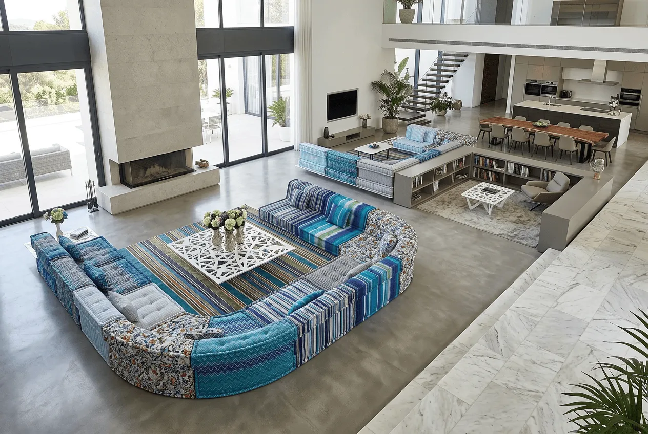 Custom sectional sofa configuration in open plan villa layout