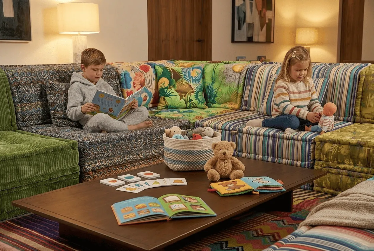 Child playing safely near sofa