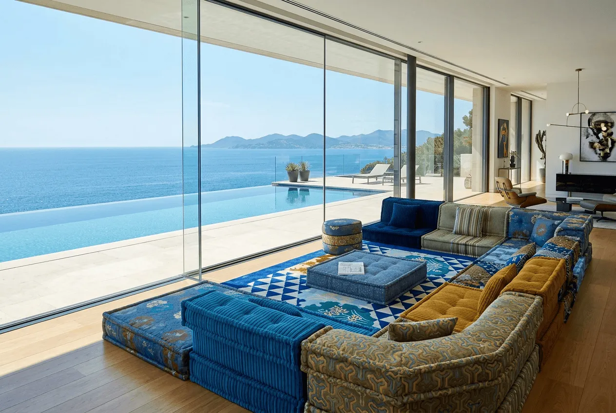 Seamless indoor outdoor spatial transitions with floor to ceiling glass walls